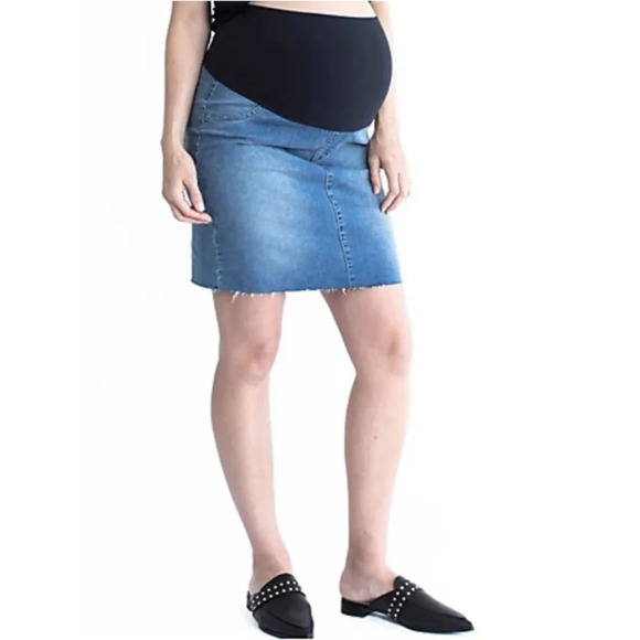 Angel Maternity Medium Wash with Fading Denim Raw Hem Pull On Jean Skirt sz S - Picture 1 of 9